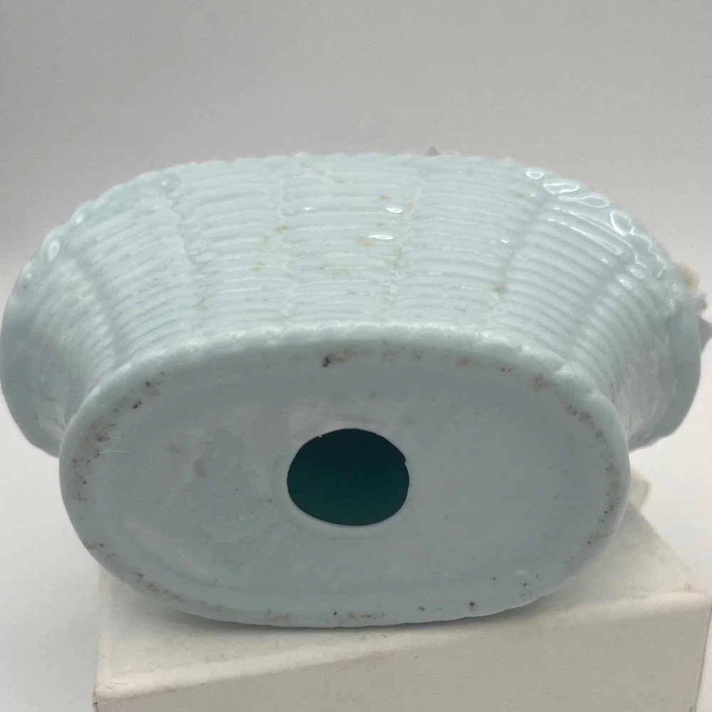 Vtg Rare I.W.Rice Japan Vanity Lipstick Holder Blue white porcelain Basket 50s